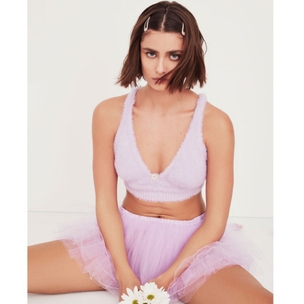 For Love & Lemons Devon Fuzzy Knit Crop Top in Lavender•M